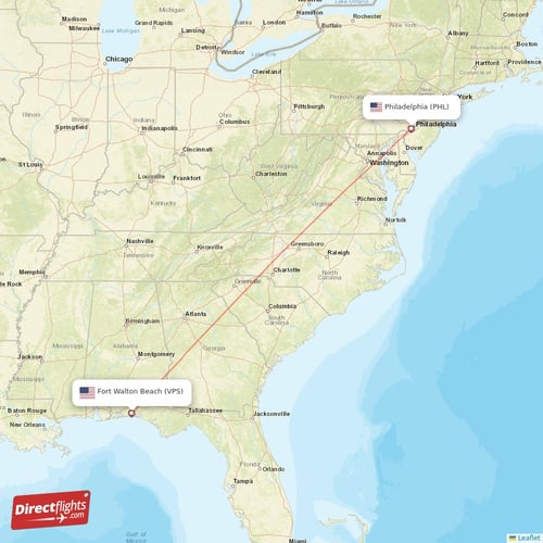 Fort Walton Beach - Philadelphia direct flight map