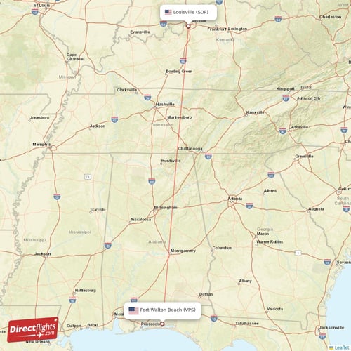 Fort Walton Beach - Louisville direct flight map