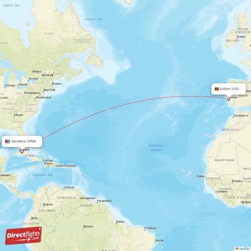 Varadero - Lisbon direct flight map