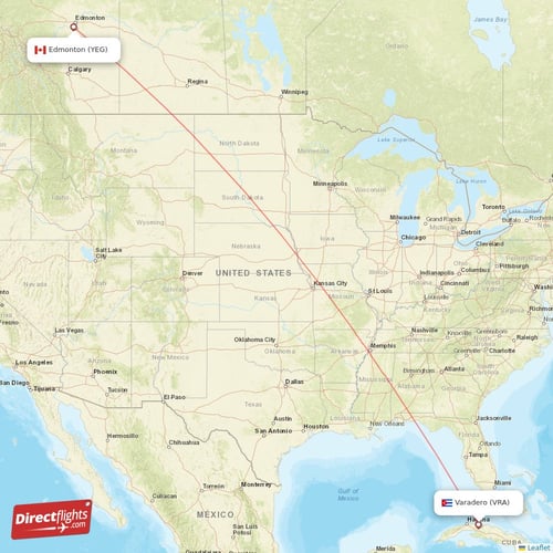 Varadero - Edmonton direct flight map