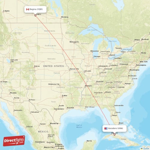 Varadero - Regina direct flight map