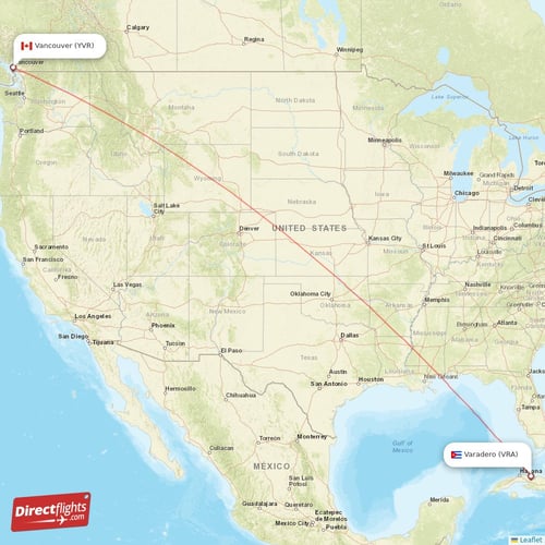 Varadero - Vancouver direct flight map