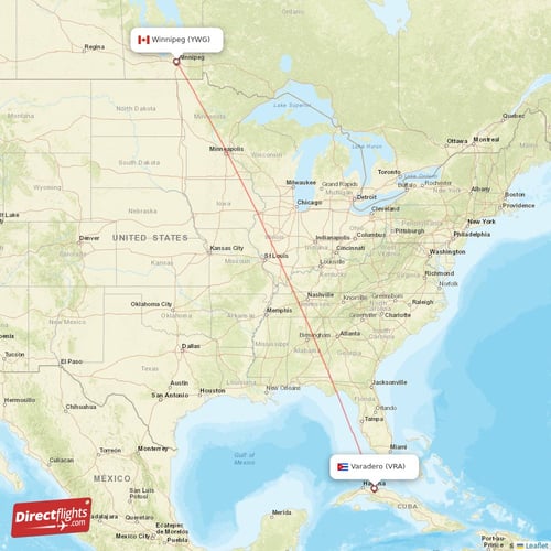 Varadero - Winnipeg direct flight map