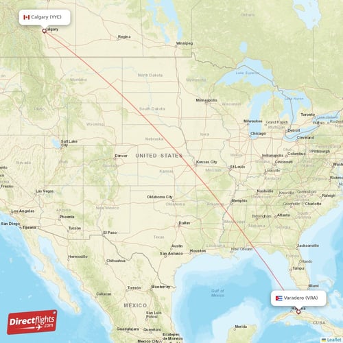 Varadero - Calgary direct flight map