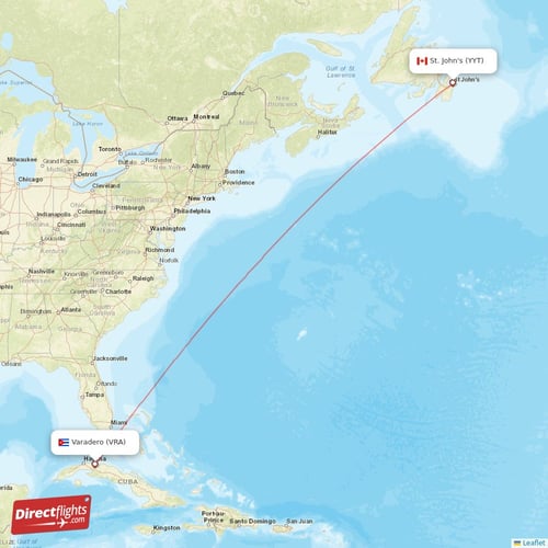 Varadero - St. John's direct flight map