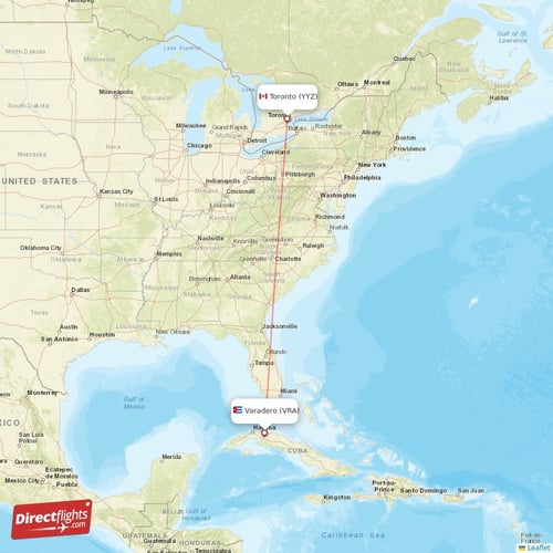 Varadero - Toronto direct flight map