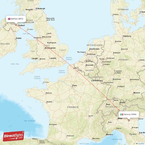 Verona - Belfast direct flight map