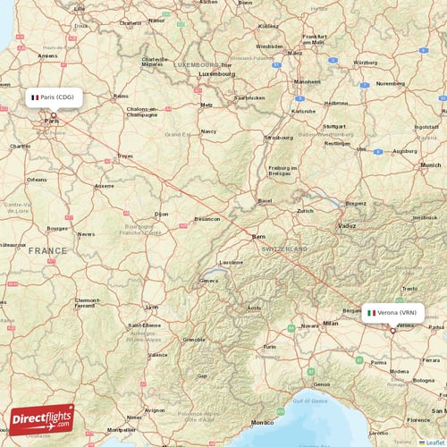 Verona - Paris direct flight map