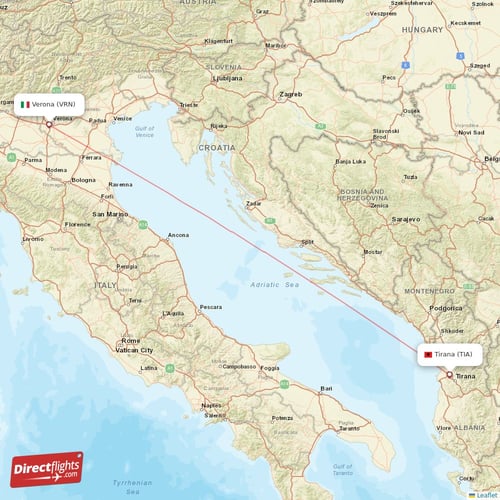 Verona - Tirana direct flight map