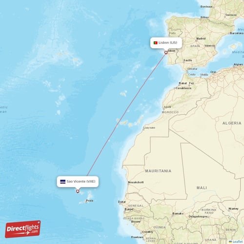 Sao Vicente - Lisbon direct flight map
