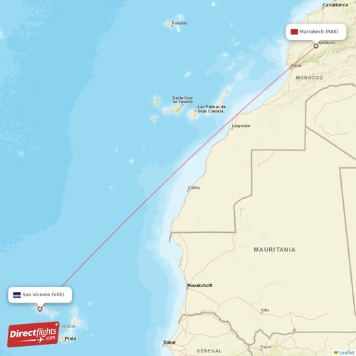 Sao Vicente - Marrakech direct flight map