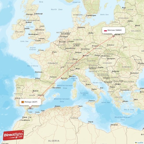 Warsaw - Malaga direct flight map