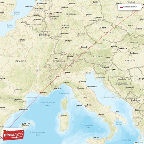 Warsaw - Alicante direct flight map