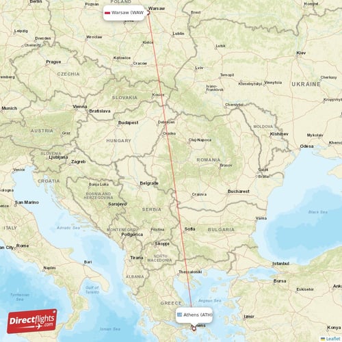 Warsaw - Athens direct flight map