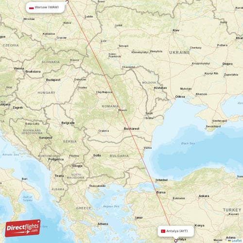 Warsaw - Antalya direct flight map