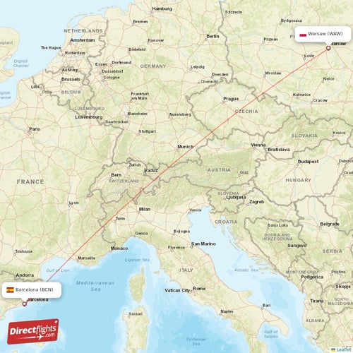 Warsaw - Barcelona direct flight map