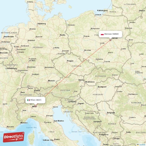 Warsaw - Milan direct flight map