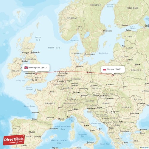 Warsaw - Birmingham direct flight map