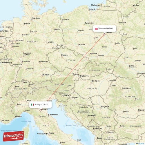 Warsaw - Bologna direct flight map