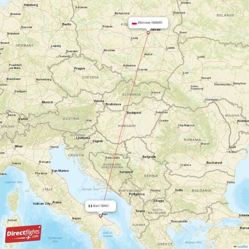 Warsaw - Bari direct flight map