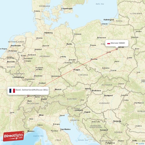 Warsaw - Basel, Switzerland/Mulhouse direct flight map