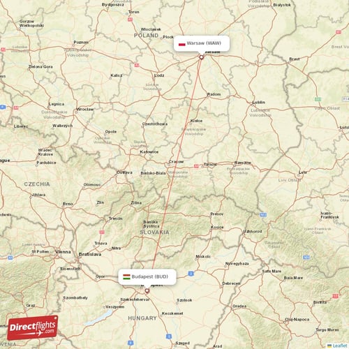 Warsaw - Budapest direct flight map