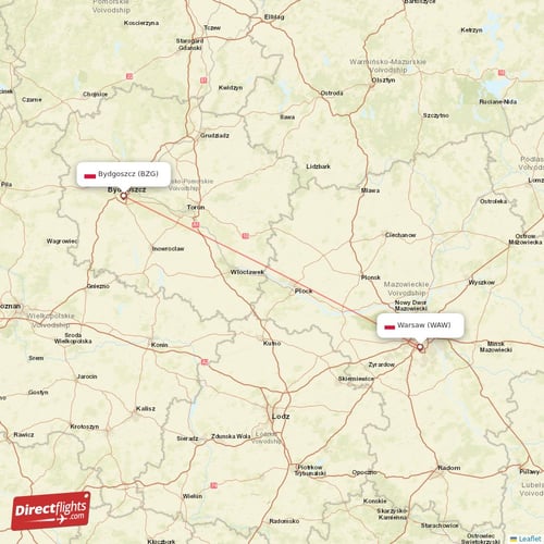 Warsaw - Bydgoszcz direct flight map