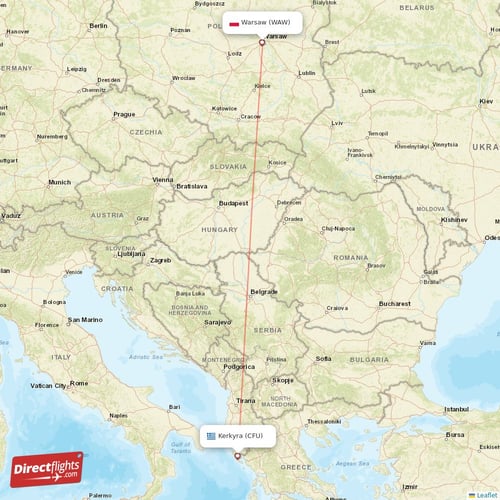 Warsaw - Kerkyra direct flight map