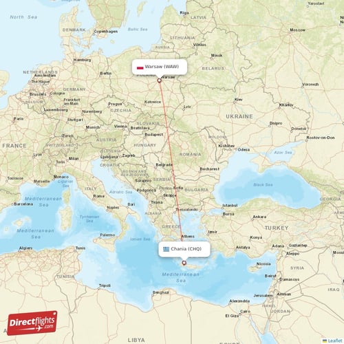 Warsaw - Chania direct flight map