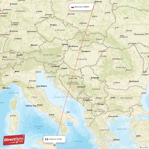 Warsaw - Catania direct flight map