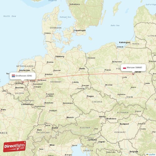 Warsaw - Eindhoven direct flight map