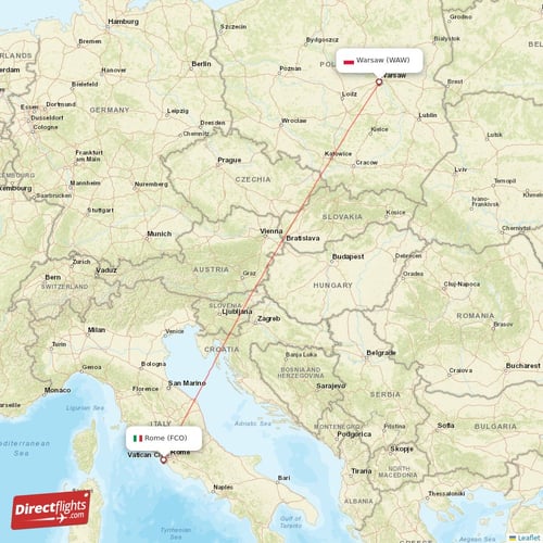 Warsaw - Rome direct flight map