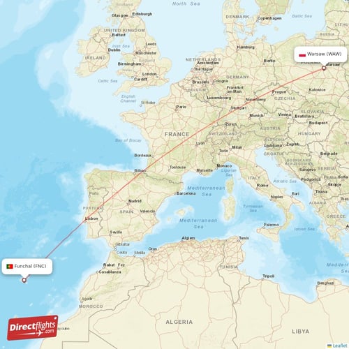Warsaw - Funchal direct flight map
