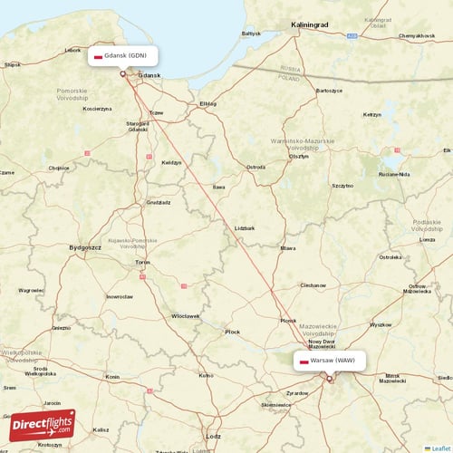 Warsaw - Gdansk direct flight map