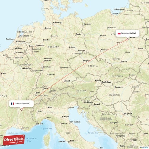 Warsaw - Grenoble direct flight map