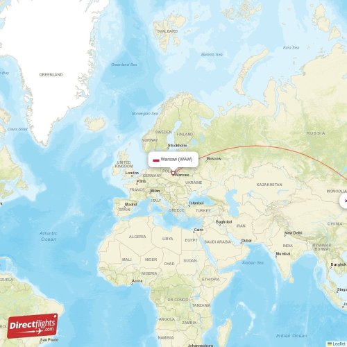 Warsaw - Seoul direct flight map