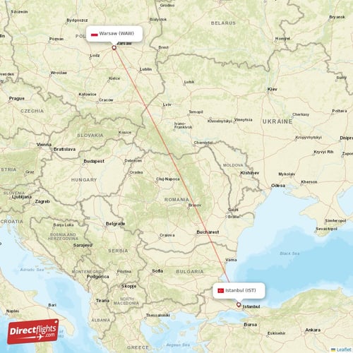 Warsaw - Istanbul direct flight map