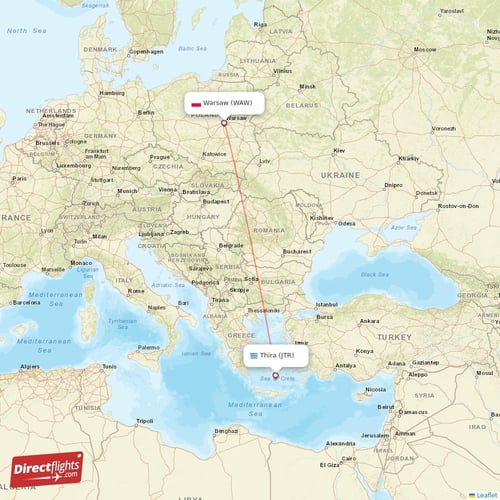 Warsaw - Thira direct flight map