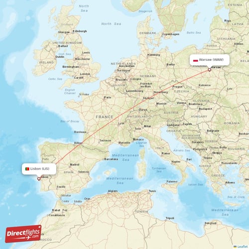 Warsaw - Lisbon direct flight map