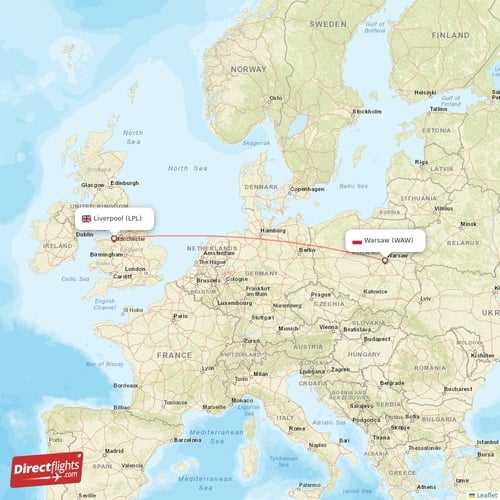 Warsaw - Liverpool direct flight map