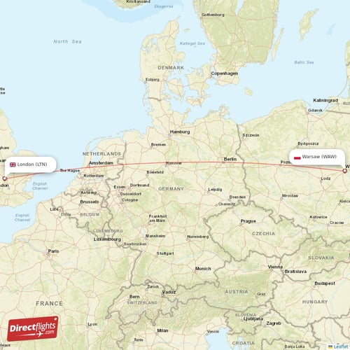 Warsaw - London direct flight map