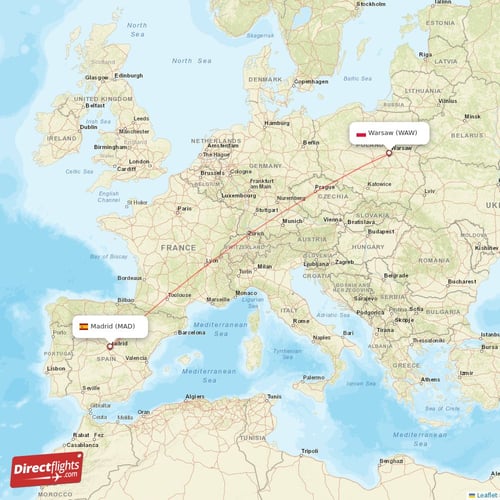 Warsaw - Madrid direct flight map