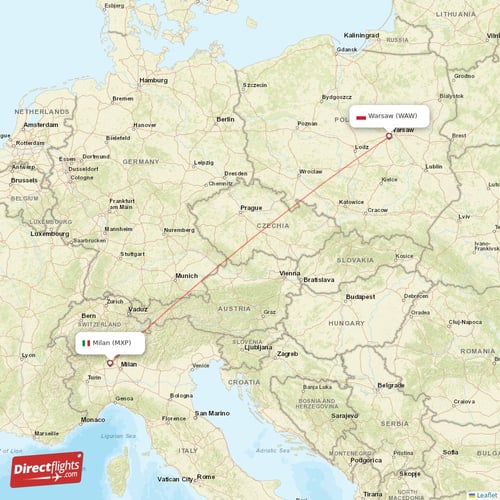 Warsaw - Milan direct flight map