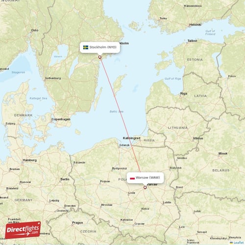 Warsaw - Stockholm direct flight map
