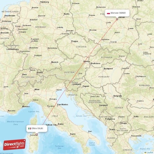 Warsaw - Olbia direct flight map