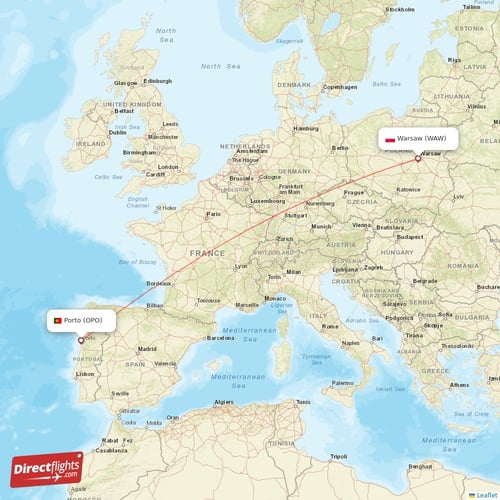 Warsaw - Porto direct flight map