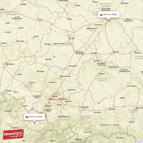 Warsaw - Ostrava direct flight map