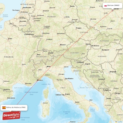 Warsaw - Palma de Mallorca direct flight map