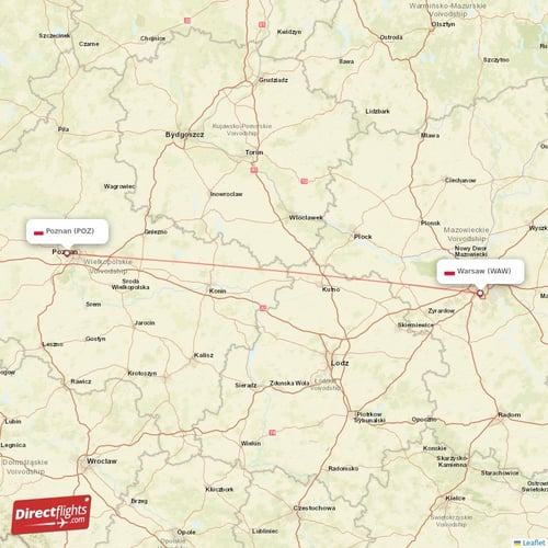 Warsaw - Poznan direct flight map