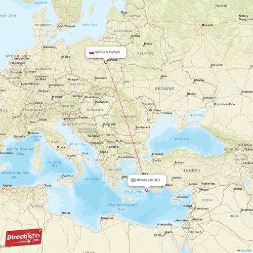 Warsaw - Rhodes direct flight map